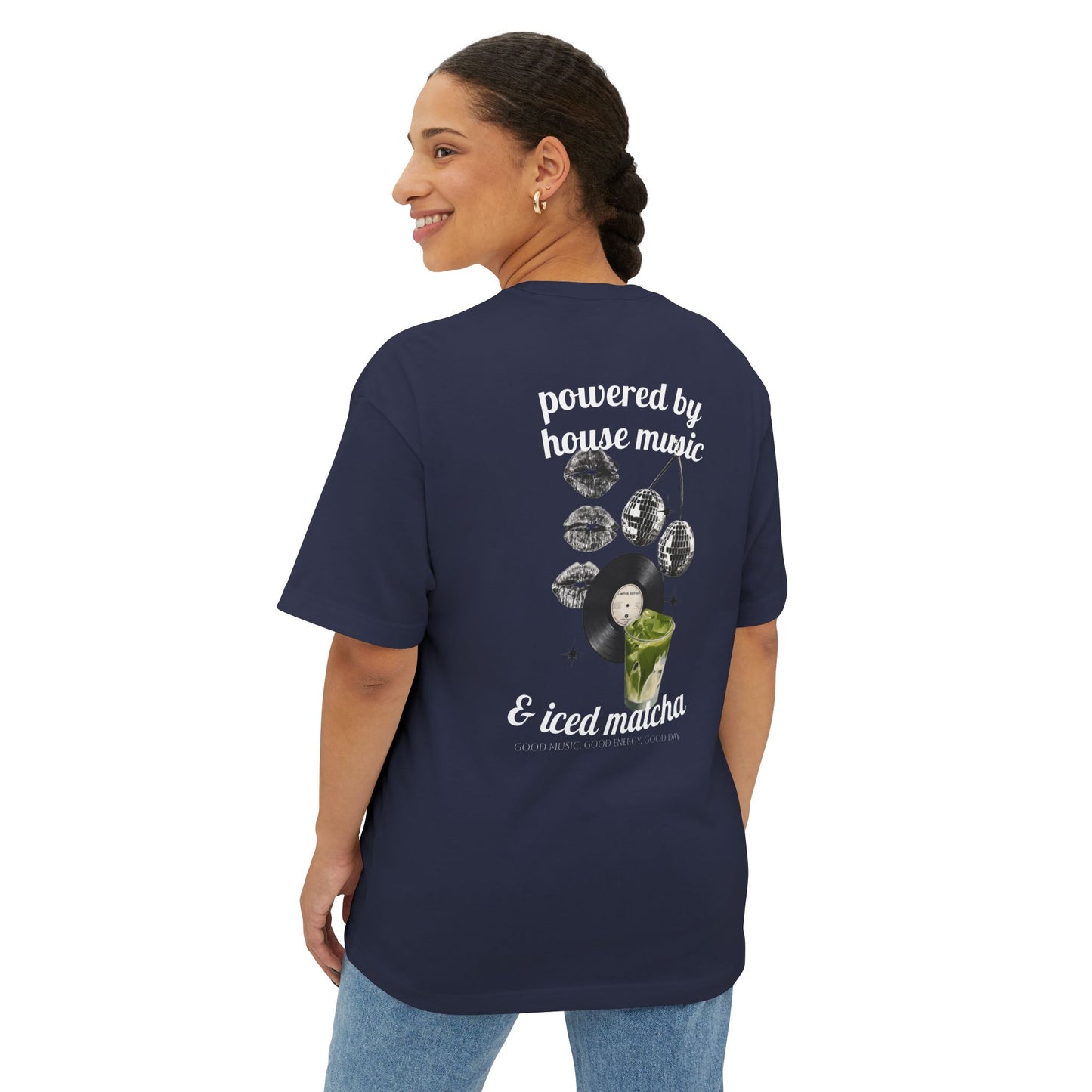 Powered by House Music & Iced Matcha T-Shirt — Retro DJ Vinyl Graphic Tee