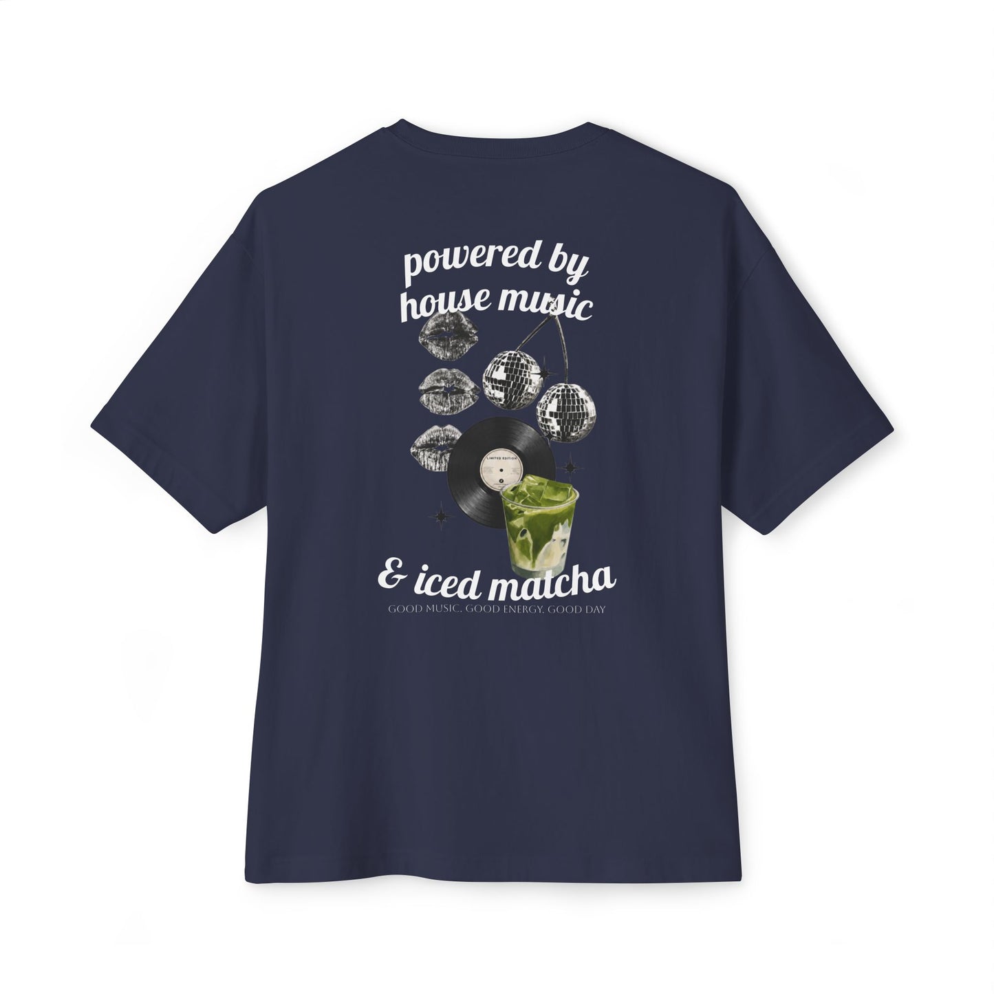 Powered by House Music & Iced Matcha T-Shirt — Retro DJ Vinyl Graphic Tee