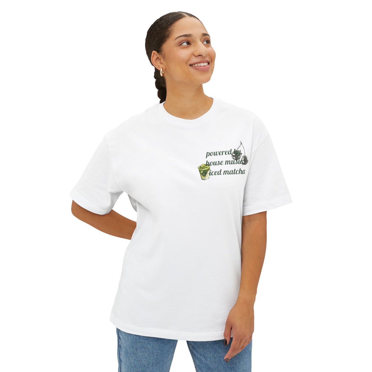Powered by House Music & Iced Matcha T-Shirt — Retro DJ Vinyl Graphic Tee