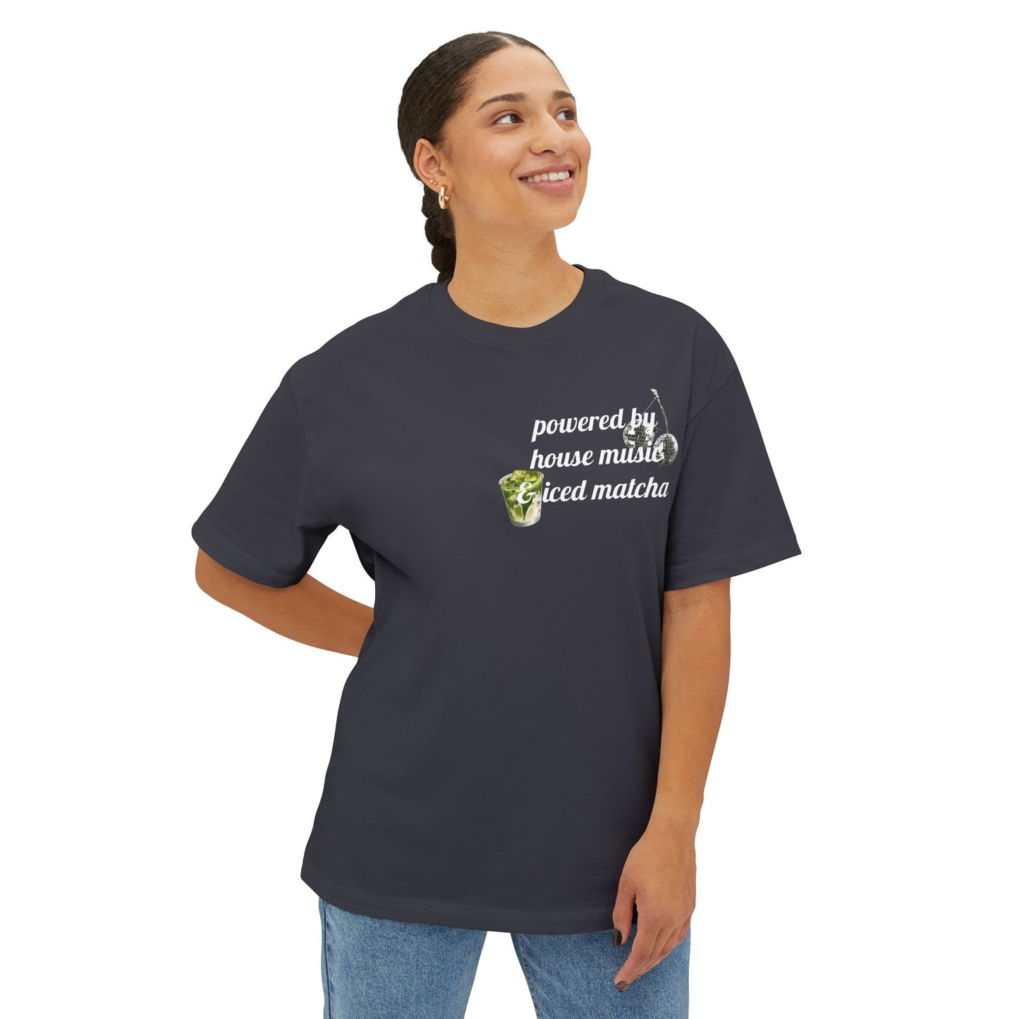 Powered by House Music & Iced Matcha T-Shirt — Retro DJ Vinyl Graphic Tee