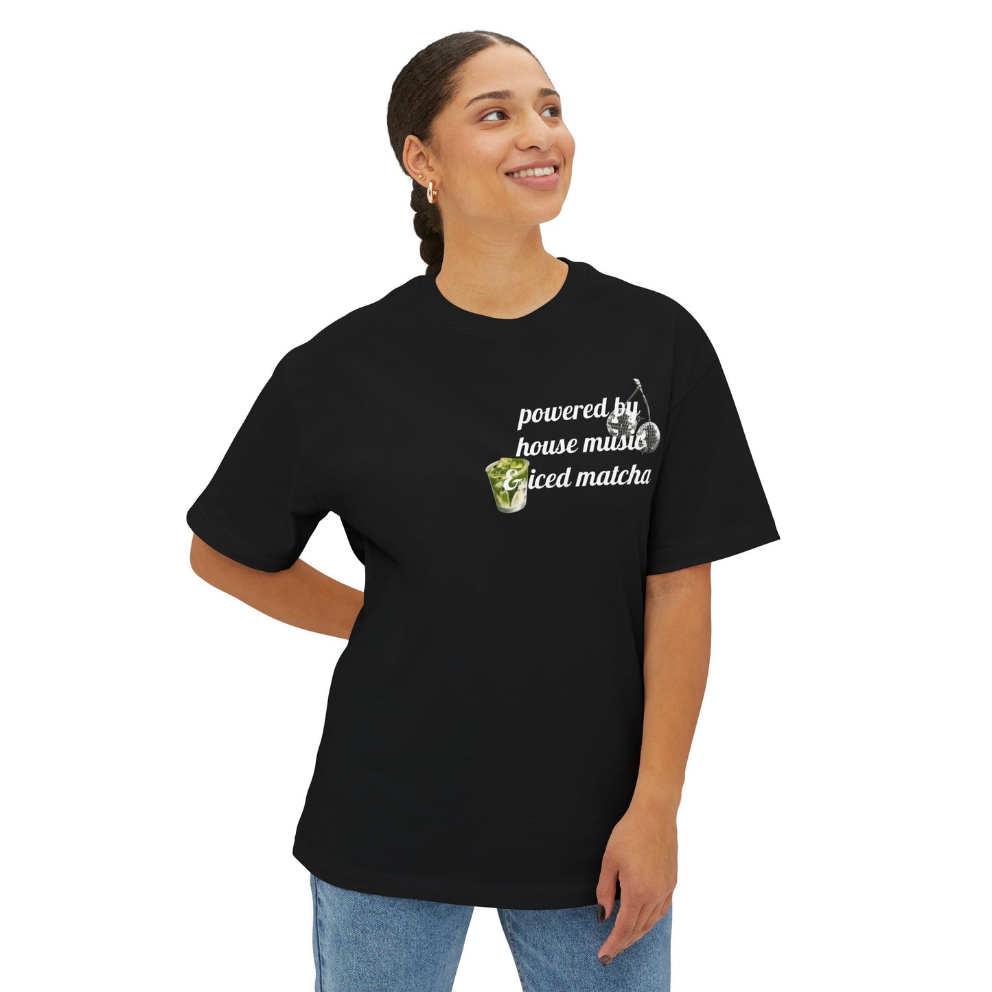 Powered by House Music & Iced Matcha T-Shirt — Retro DJ Vinyl Graphic Tee