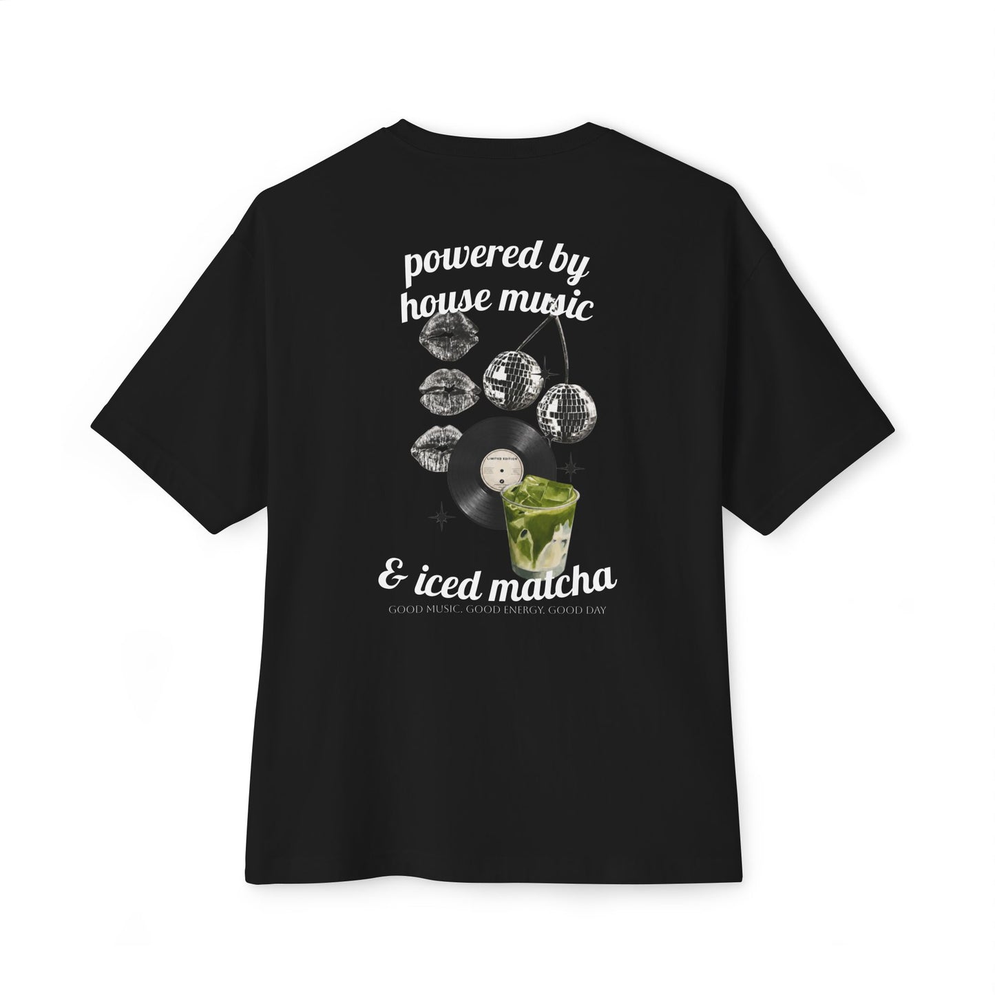 Powered by House Music & Iced Matcha T-Shirt — Retro DJ Vinyl Graphic Tee