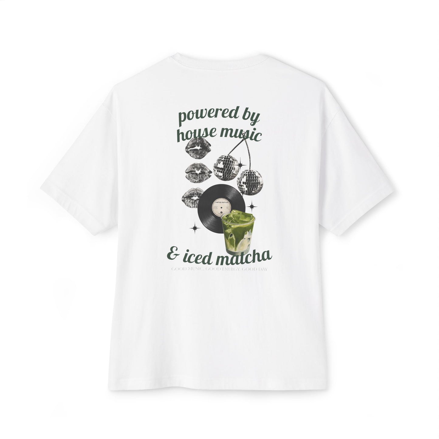 Powered by House Music & Iced Matcha T-Shirt — Retro DJ Vinyl Graphic Tee