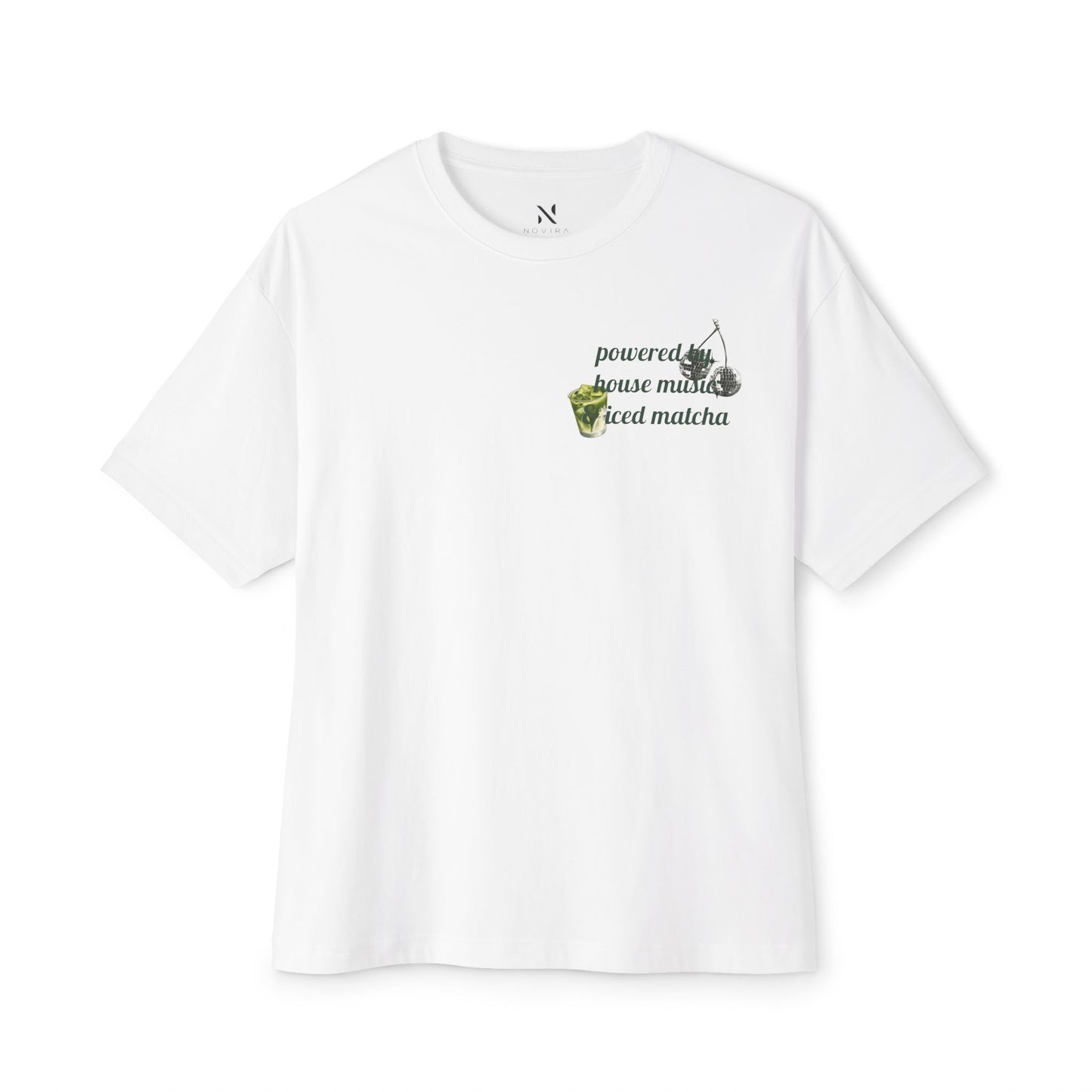 Powered by House Music & Iced Matcha T-Shirt — Retro DJ Vinyl Graphic Tee
