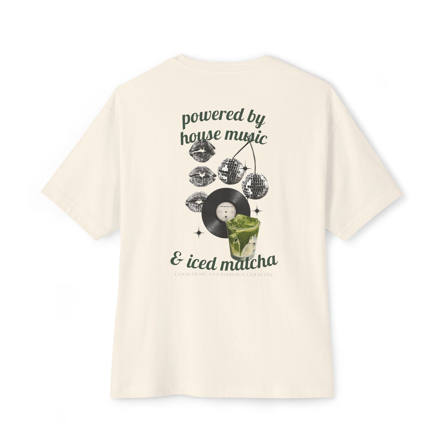 Powered by House Music & Iced Matcha T-Shirt — Retro DJ Vinyl Graphic Tee