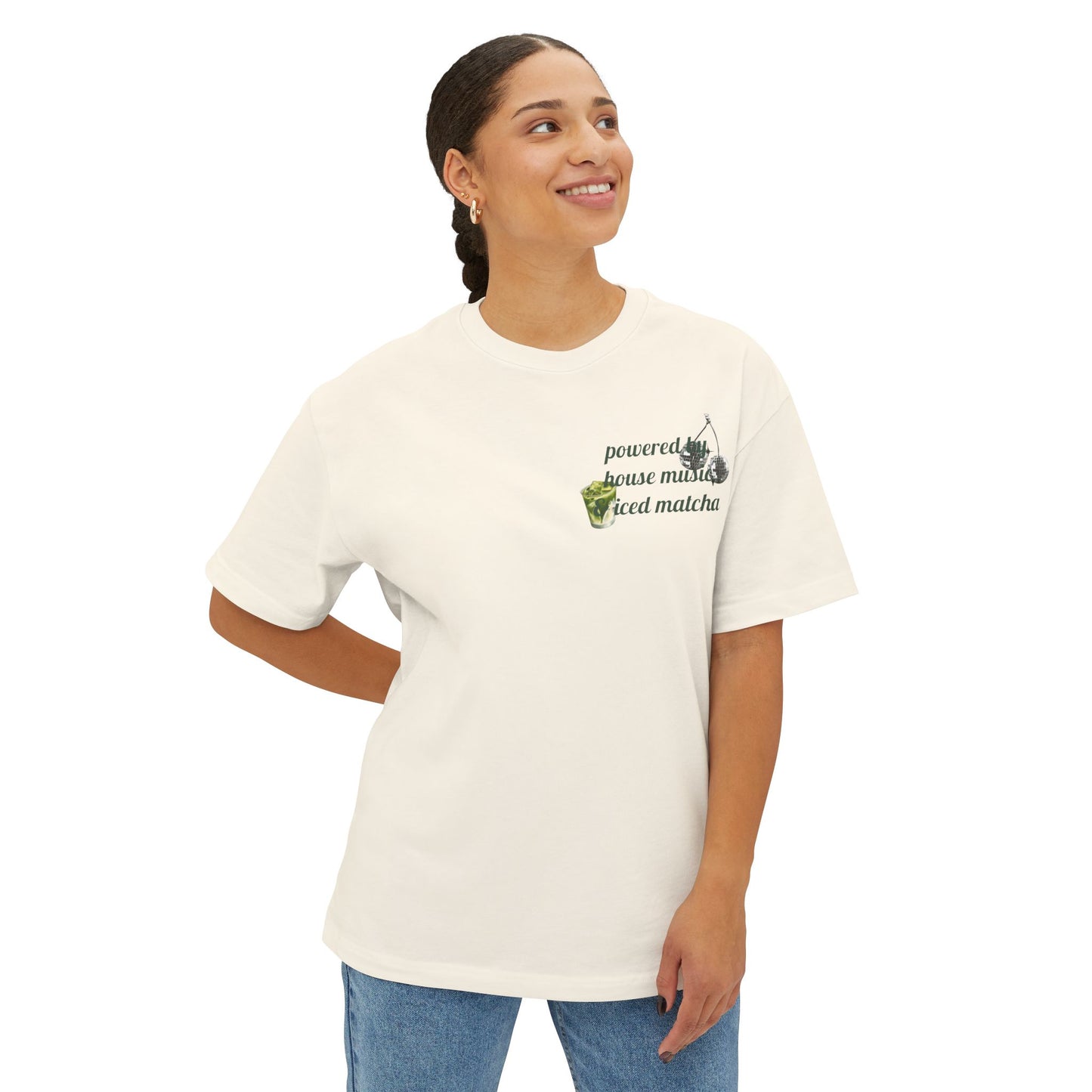 Powered by House Music & Iced Matcha T-Shirt — Retro DJ Vinyl Graphic Tee