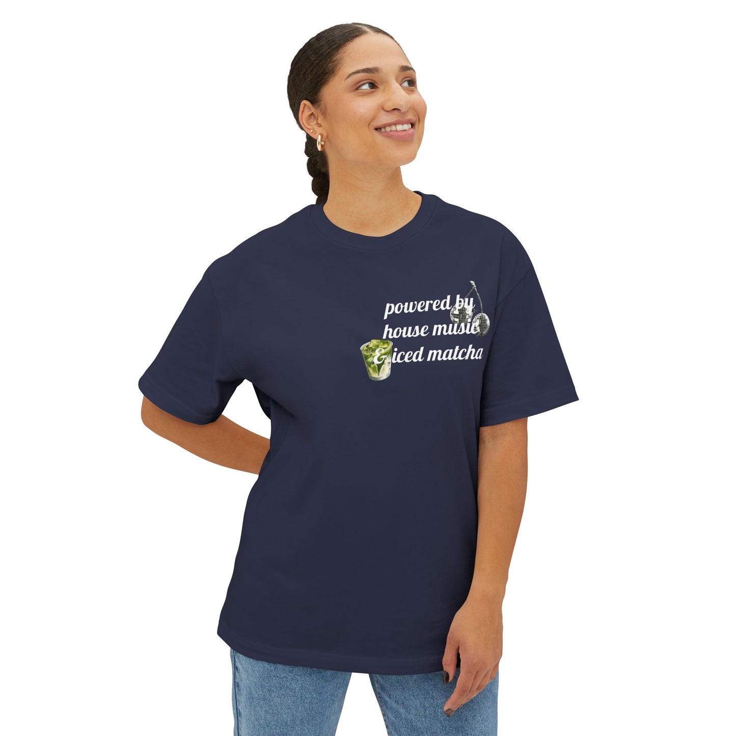 Powered by House Music & Iced Matcha T-Shirt — Retro DJ Vinyl Graphic Tee