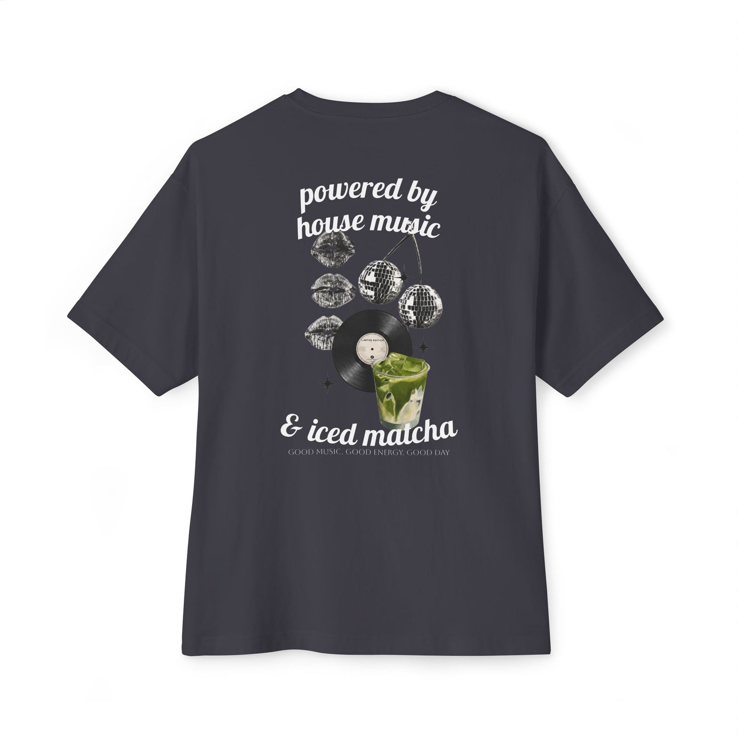 Powered by House Music & Iced Matcha T-Shirt — Retro DJ Vinyl Graphic Tee
