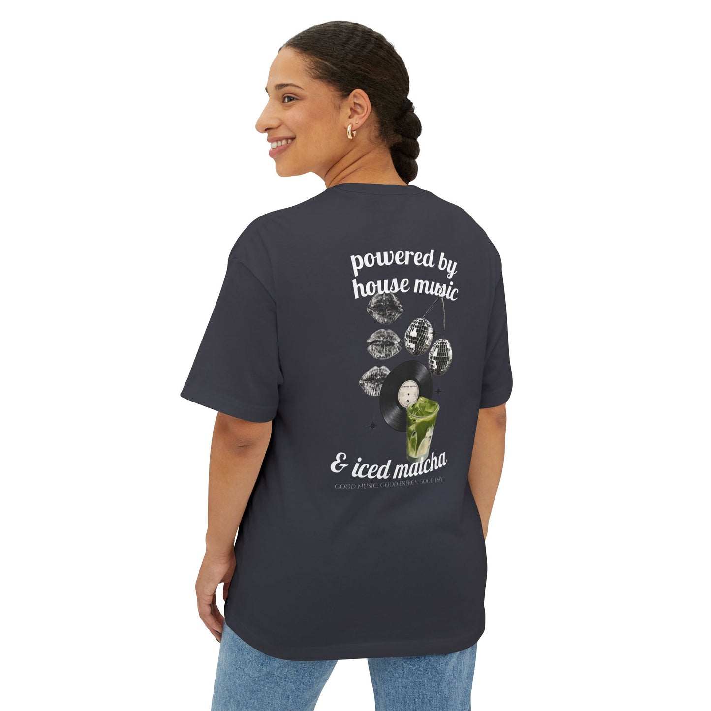 Powered by House Music & Iced Matcha T-Shirt — Retro DJ Vinyl Graphic Tee