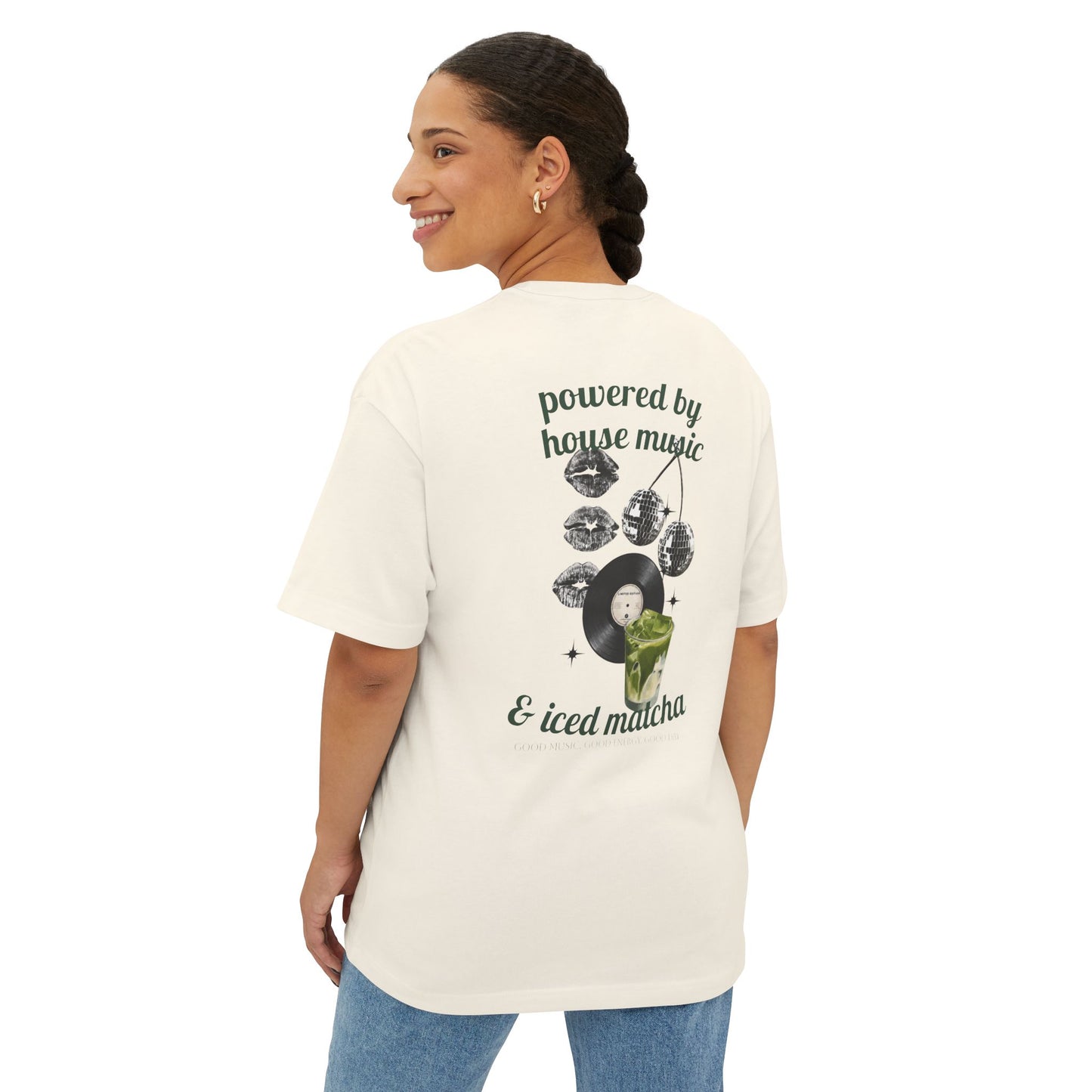 Powered by House Music & Iced Matcha T-Shirt — Retro DJ Vinyl Graphic Tee