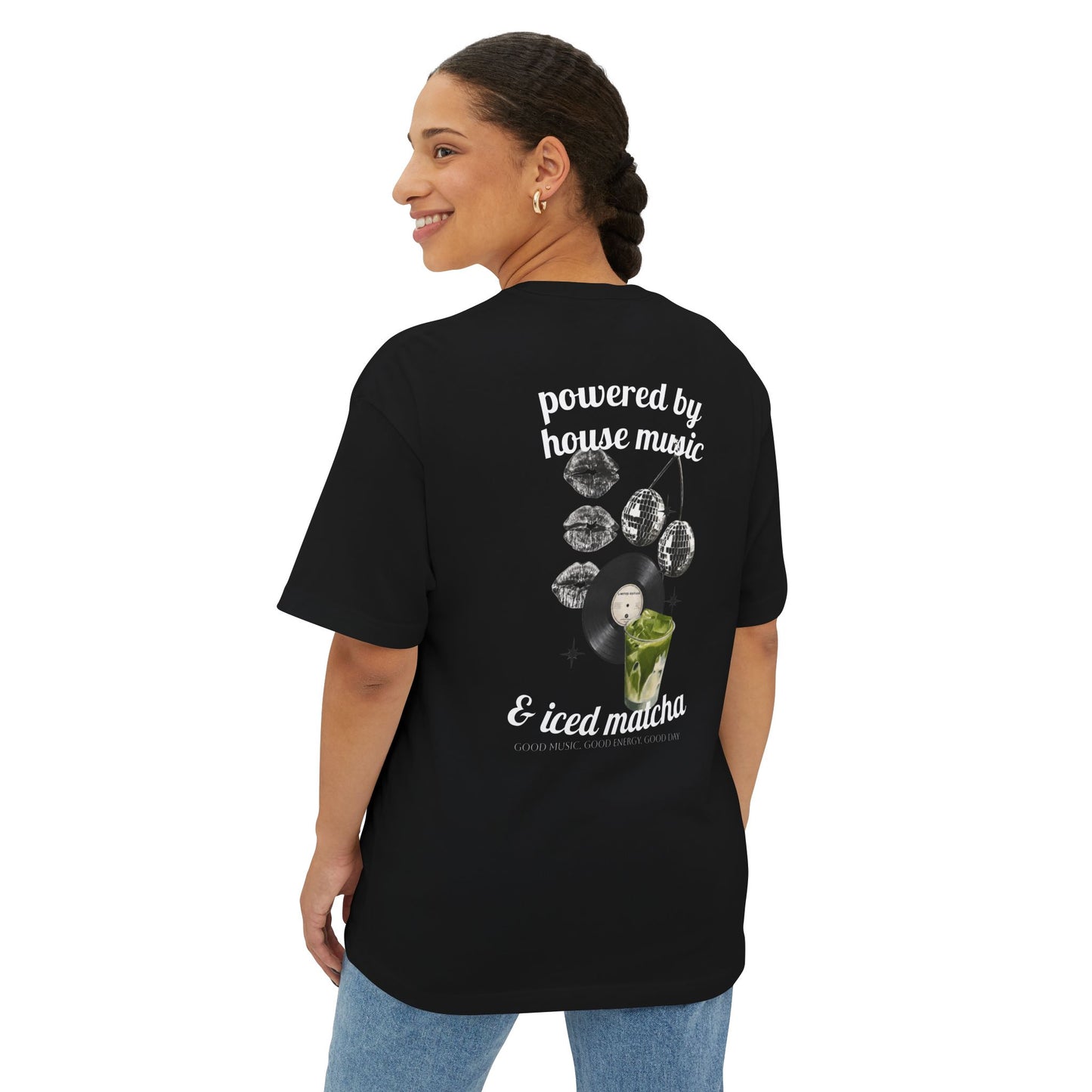 Powered by House Music & Iced Matcha T-Shirt — Retro DJ Vinyl Graphic Tee