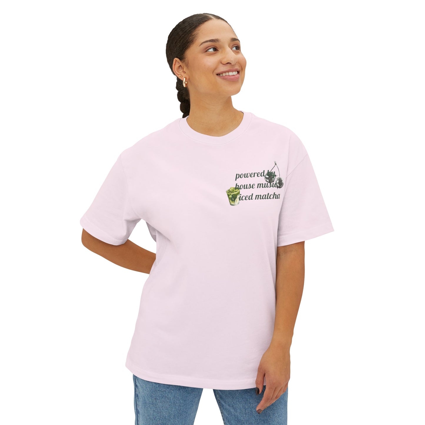 Powered by House Music & Iced Matcha T-Shirt — Retro DJ Vinyl Graphic Tee